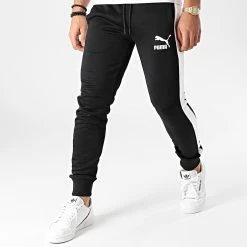 Sortie 💯 Pantalon Jogging A Bandes Iconic T7 530098 Noir Blanc de Puma ❤️