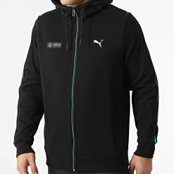 Grosses soldes ⭐ Sweat Zippé Capuche Mercedes A Bandes AMG Petronas 533607 Noir de Puma 🌟
