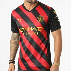 Top 10 🔥 Tee 👕 Shirt De Sport Col V A Rayures Manchester City 765722 Rouge Noir de Puma ⌛