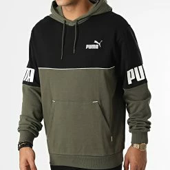 Bon marché 😀 Sweat Capuche Puma Power Colorblock 849812 Vert Kaki Noir 🔔