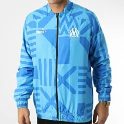 Remise 🎁 Veste Zippée OM Prematch 767264 Bleu Clair de Puma ✔️