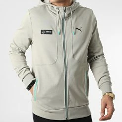 Le moins cher 😍 Sweat Zippé Capuche Mercedes AMG Petronas 538460 Vert Kaki Clair de Puma ✨